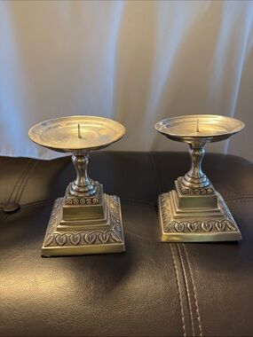 Home Interiors Silver Metal Square-Base Pillar Candle Holders - Pair
